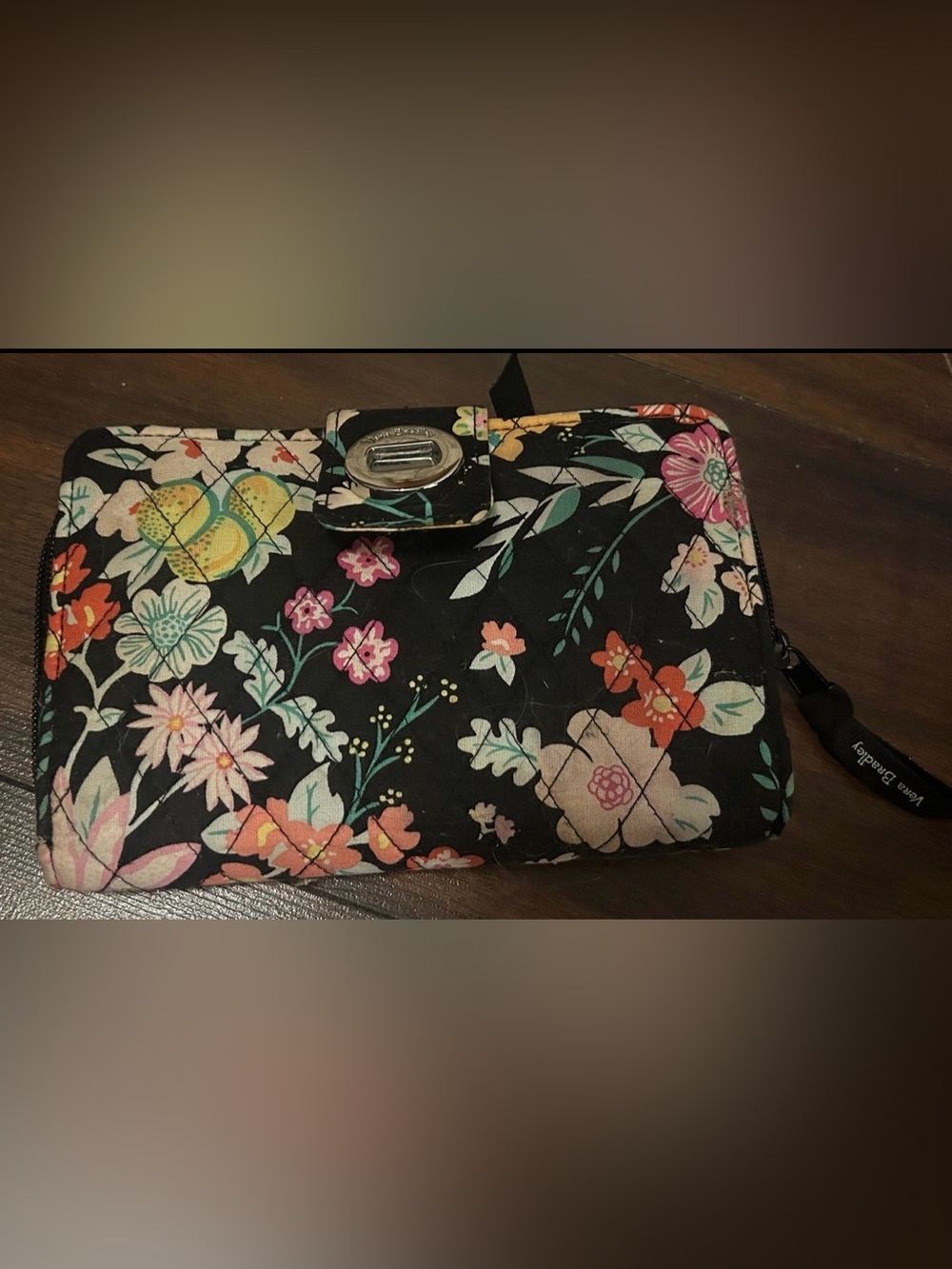Floral Quilted Black Zip Wallet - Women's Floral Wristlet